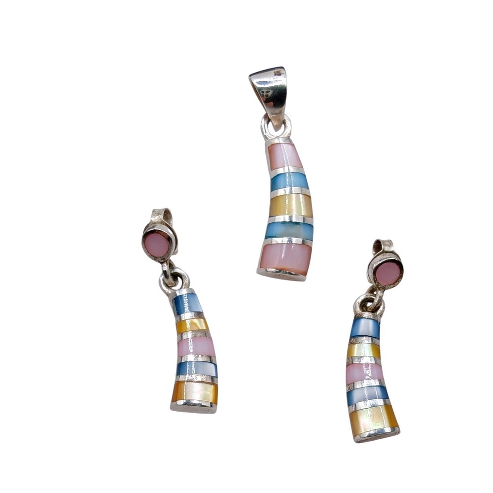 Artisan Sterling Silver 925 Multi Color Inlay Pendant and Earring Set Pastel